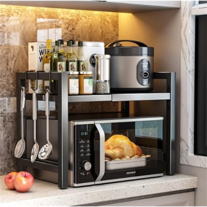 Extendable Microwave Oven Rack, Adjustable Microwave/Toaster Shelf Heavy Duty Stand Kitchen Counter Top Organizer, 2 Tier with 6 Hooks, Black - Image 3