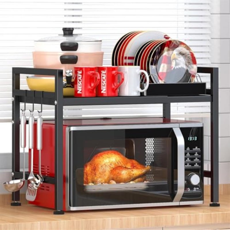 Extendable Microwave Oven Rack, Adjustable Microwave/Toaster Shelf Heavy Duty Stand Kitchen Counter Top Organizer, 2 Tier with 6 Hooks, Black - Image 1