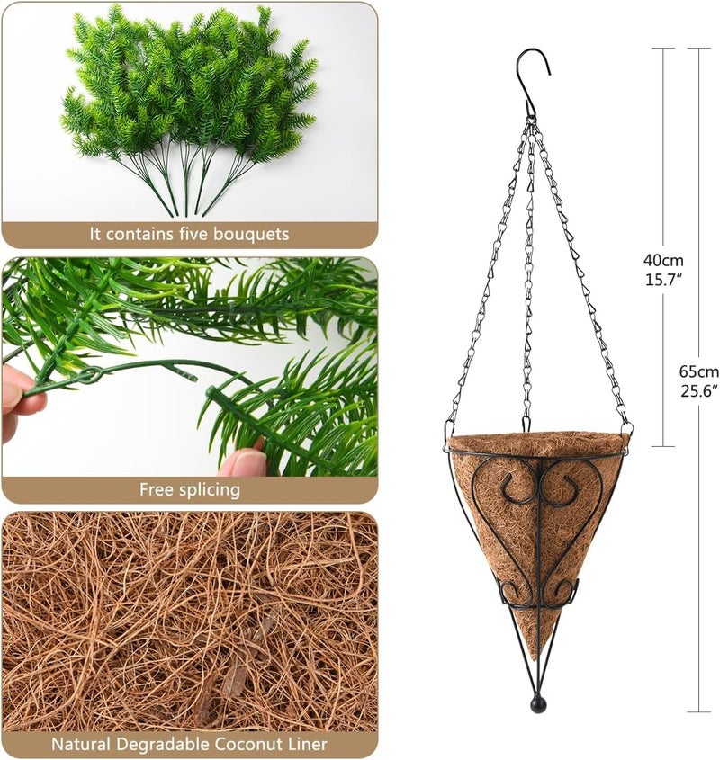 ZFProcess Artificial Hanging Plants in Conical Basket 5 Branches Faux Eucalyptus Leaf Greenery. Flowerpot Hanging Plant Outdoor UV Resistant Plastic Plants(Pine Needles) - Image 1