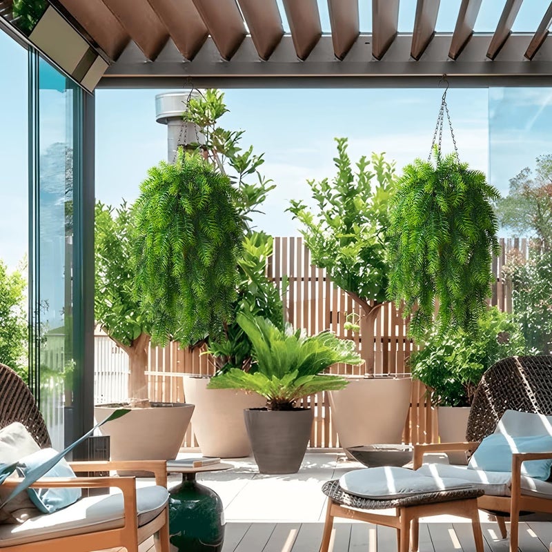 ZFProcess Artificial Hanging Plants in Conical Basket 5 Branches Faux Eucalyptus Leaf Greenery. Flowerpot Hanging Plant Outdoor UV Resistant Plastic Plants(Pine Needles) - Image 4