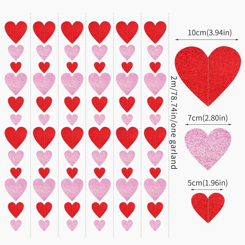 burgleda Galentines Valentines Party-Decorations Heart Garland - 6pcs Glitter Pink Red Love Hanging Streamers,Romantic Special Night Baby Shower Wedding Anniversary Ceiling Banner Backdrop Decor Burgleda - Image 2