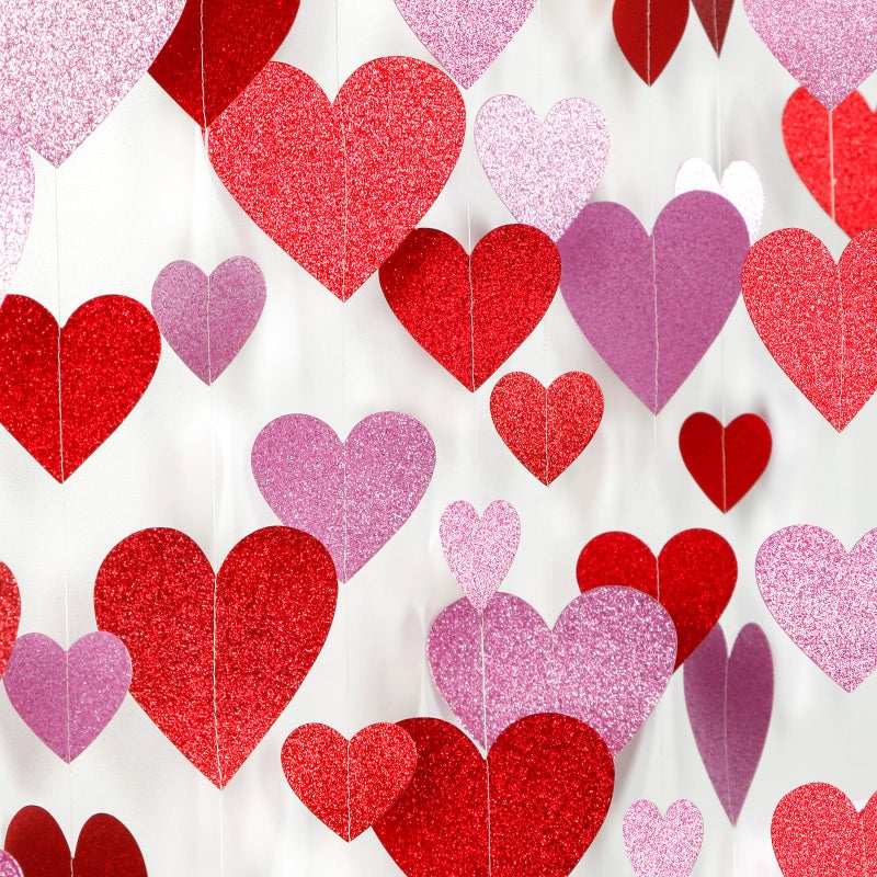 burgleda Galentines Valentines Party-Decorations Heart Garland - 6pcs Glitter Pink Red Love Hanging Streamers,Romantic Special Night Baby Shower Wedding Anniversary Ceiling Banner Backdrop Decor Burgleda - Image 1