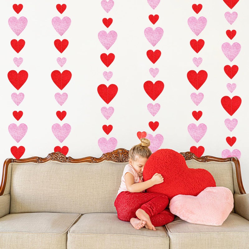 burgleda Galentines Valentines Party-Decorations Heart Garland - 6pcs Glitter Pink Red Love Hanging Streamers,Romantic Special Night Baby Shower Wedding Anniversary Ceiling Banner Backdrop Decor Burgleda - Image 5