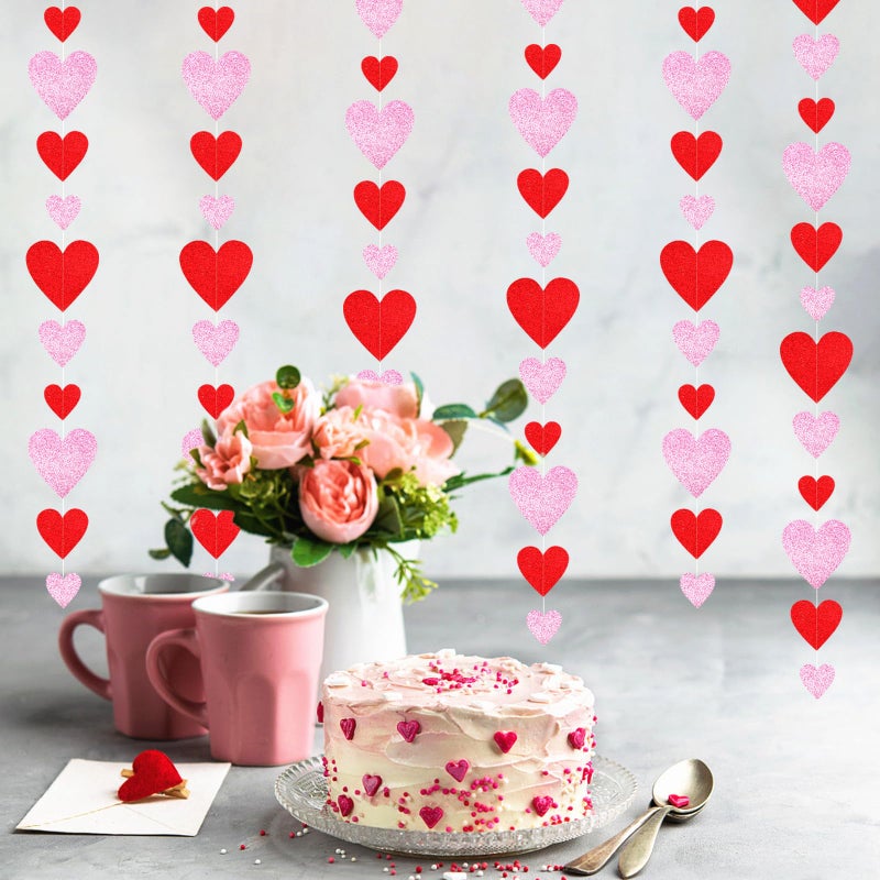 burgleda Galentines Valentines Party-Decorations Heart Garland - 6pcs Glitter Pink Red Love Hanging Streamers,Romantic Special Night Baby Shower Wedding Anniversary Ceiling Banner Backdrop Decor Burgleda - Image 4
