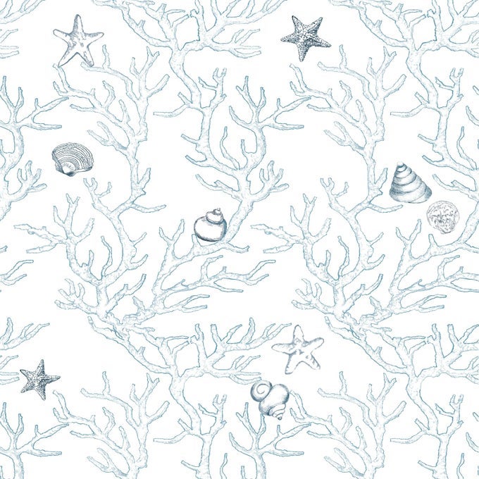 OCEAN PEEL AND STICK 173 X 118 WHITE AND BLUE CORAL SEASHELL STARFISH LIGHT BLUE CONTACT PAPER SELF ADHESIVE REMOVABLE COASTAL WALLPAPER FOR BATHROOM