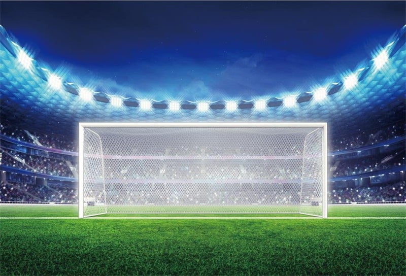 AOFOTO 7x5ft Soccer Field Background Football Pitch Goal Post Ball Game Stadium Spotlight Photography Backdrop Lawn Sports Club Fitness Player School Match Photo Studio Props Kid Boy Event Wallpaper