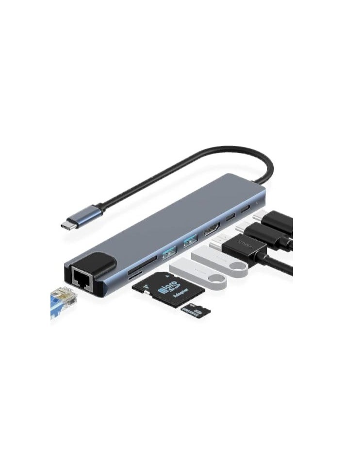 erorex - USB C Hub, 8 in 1 Type C Hub Multiport Adapter with 4K HDMI, PD Power Delivery, USB-C, Ethernet, 2 USB, SD/TF Card Reader Compatible with Mac Book Pro XPS and More Type C Devices - Image 1
