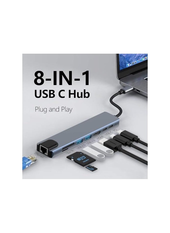 erorex - USB C Hub, 8 in 1 Type C Hub Multiport Adapter with 4K HDMI, PD Power Delivery, USB-C, Ethernet, 2 USB, SD/TF Card Reader Compatible with Mac Book Pro XPS and More Type C Devices - Image 1