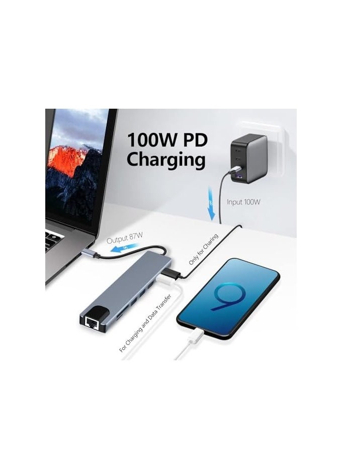 erorex - USB C Hub, 8 in 1 Type C Hub Multiport Adapter with 4K HDMI, PD Power Delivery, USB-C, Ethernet, 2 USB, SD/TF Card Reader Compatible with Mac Book Pro XPS and More Type C Devices - Image 1