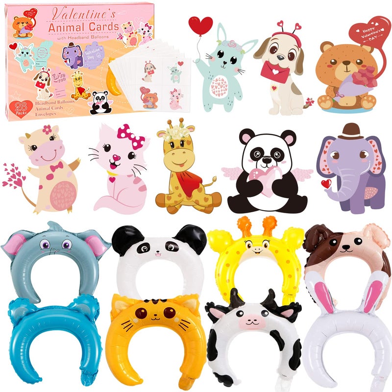 vanow Valentines Day Cards For Kids - 28 Valentine Cards + 28 Inflatable Animal Headbands + 28 Gift Envelopes & Tattoos, Animal Greeting Cards Valentines Exchange Cards for Kids Boys Girls School Classroom - Image 1