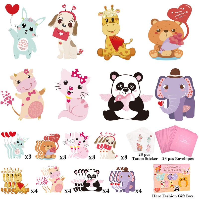 vanow Valentines Day Cards For Kids - 28 Valentine Cards + 28 Inflatable Animal Headbands + 28 Gift Envelopes & Tattoos, Animal Greeting Cards Valentines Exchange Cards for Kids Boys Girls School Classroom - Image 2