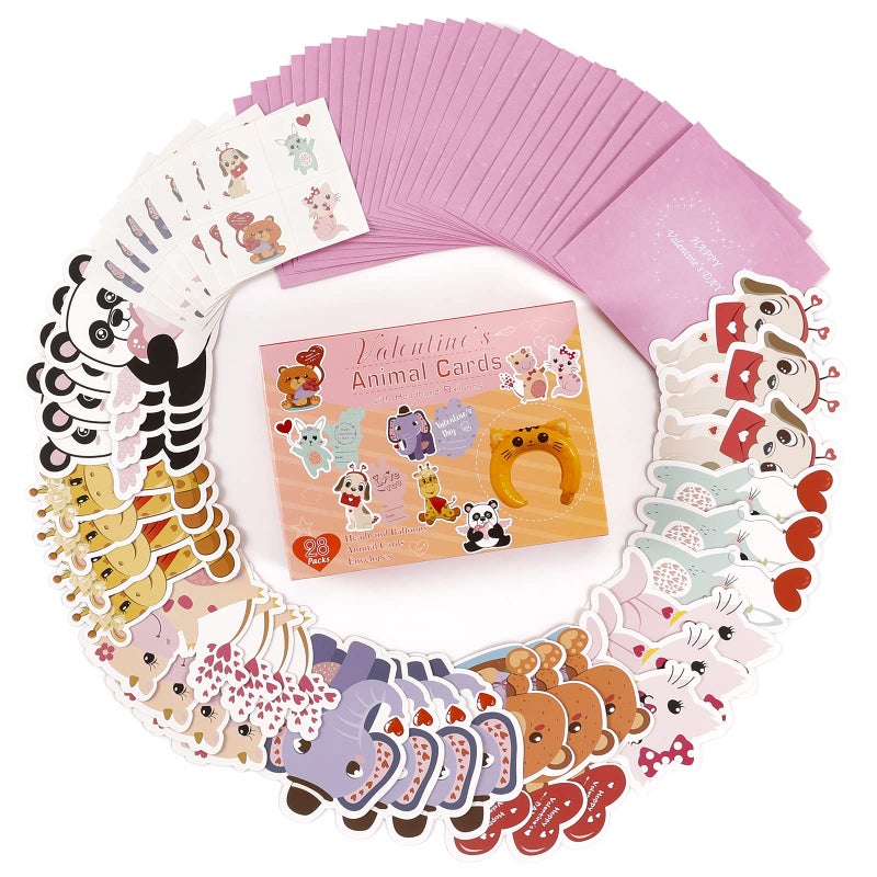 vanow Valentines Day Cards For Kids - 28 Valentine Cards + 28 Inflatable Animal Headbands + 28 Gift Envelopes & Tattoos, Animal Greeting Cards Valentines Exchange Cards for Kids Boys Girls School Classroom - Image 4