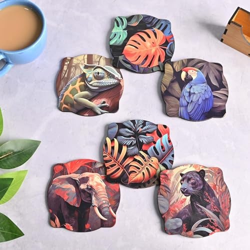 Gift Kya De GKD Coaster Set of 6 Jungle Design Wooden Coasters to Serve Tea Cups, Coffee Mugs and Glasses (3.5 x 3.5 inch)(Jungle)(Ecofriendly) - Image 1