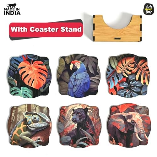 Gift Kya De GKD Coaster Set of 6 Jungle Design Wooden Coasters to Serve Tea Cups, Coffee Mugs and Glasses (3.5 x 3.5 inch)(Jungle)(Ecofriendly) - Image 2