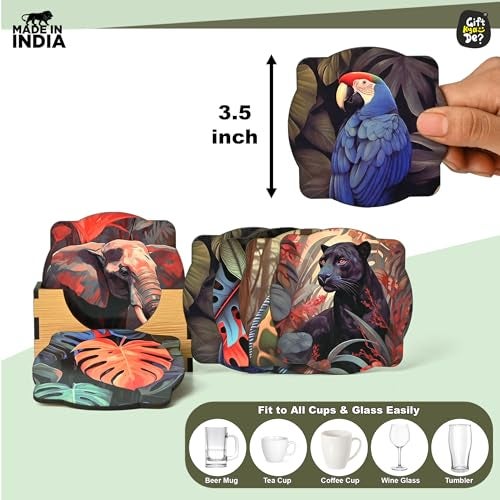 Gift Kya De GKD Coaster Set of 6 Jungle Design Wooden Coasters to Serve Tea Cups, Coffee Mugs and Glasses (3.5 x 3.5 inch)(Jungle)(Ecofriendly) - Image 4