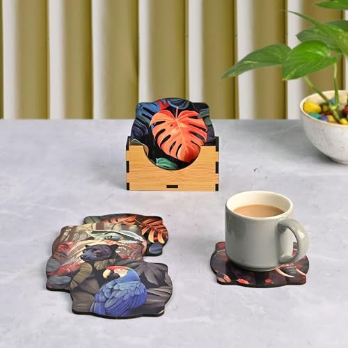 Gift Kya De GKD Coaster Set of 6 Jungle Design Wooden Coasters to Serve Tea Cups, Coffee Mugs and Glasses (3.5 x 3.5 inch)(Jungle)(Ecofriendly) - Image 3