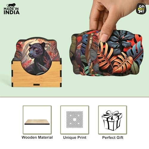 Gift Kya De GKD Coaster Set of 6 Jungle Design Wooden Coasters to Serve Tea Cups, Coffee Mugs and Glasses (3.5 x 3.5 inch)(Jungle)(Ecofriendly) - Image 5
