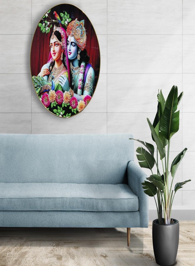 DECOR DADDY WE CREATE YOUR IMAGINATION "لوحة رادها كريشنا دائرية كبيرة من ديكور دادي - فن روحي حديث مرصع بالكريستال، ديكور حائط للإله الهندوسي للمنزل والمكتب والمعبد (24 × 24 بوصة)" - Image 4