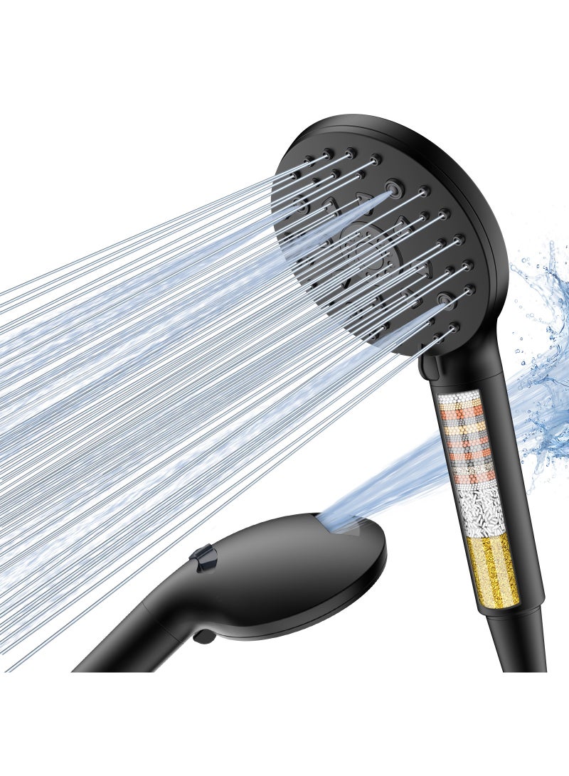 FEELSO 7 Spray Modes High Pressure Shower Head Filter and 1.5M Hose, Black - Image 1