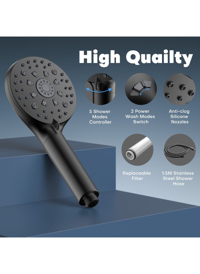 FEELSO 7 Spray Modes High Pressure Shower Head Filter and 1.5M Hose, Black - Image 2
