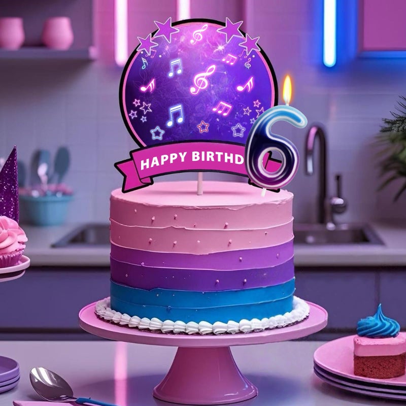 OGnomiFX Kpop Themed Birthday Candles - Number 6 Candle, Purple Blue Gradient Neon Cake Decoration, Demon Music Themed Birthday Party Decorations - Image 3