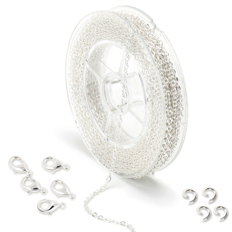 33 Feet 2 MM Silver Plated Brass Cable Chain Link Spool Bulk for Jewelry Making