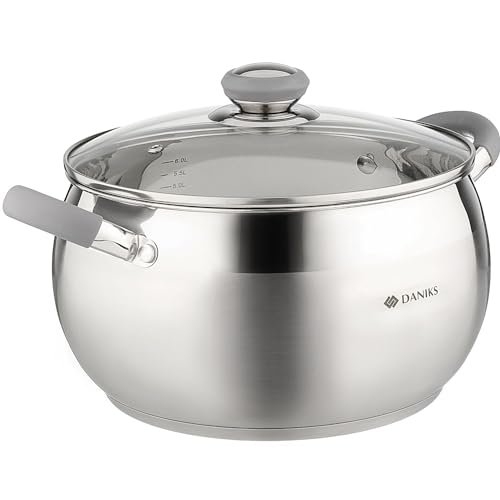 Daniks Modern 7 Quart Stainless Steel Stock Pot with Glass Lid, Tri-Ply Bottom for Even Heating, Induction Compatible, Dishwasher Safe, Heatproof Handles - Image 1