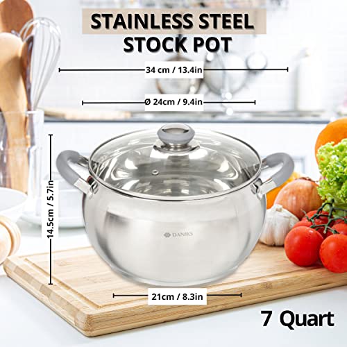 Daniks Modern 7 Quart Stainless Steel Stock Pot with Glass Lid, Tri-Ply Bottom for Even Heating, Induction Compatible, Dishwasher Safe, Heatproof Handles - Image 3