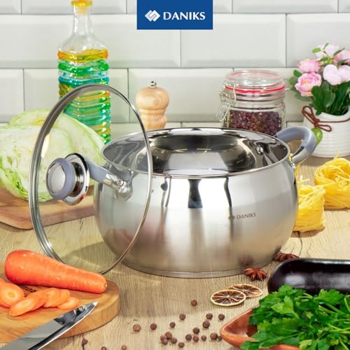 Daniks Modern 7 Quart Stainless Steel Stock Pot with Glass Lid, Tri-Ply Bottom for Even Heating, Induction Compatible, Dishwasher Safe, Heatproof Handles - Image 2