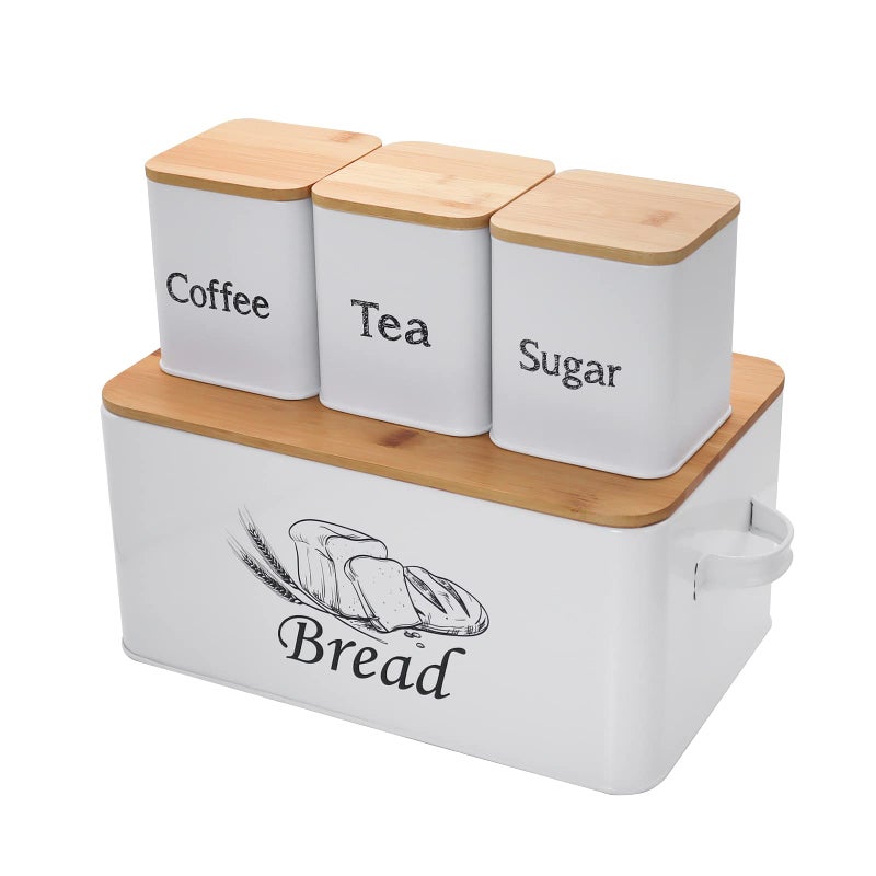 SOTECH Bread Box with 3pcs Jars Coffee Sugar Tea for Kitchen Countertop White Metal Bread Box with Bamboo Board Cover Pastry Storage Container Set Kitchen decor (white box with jars) - Image 1