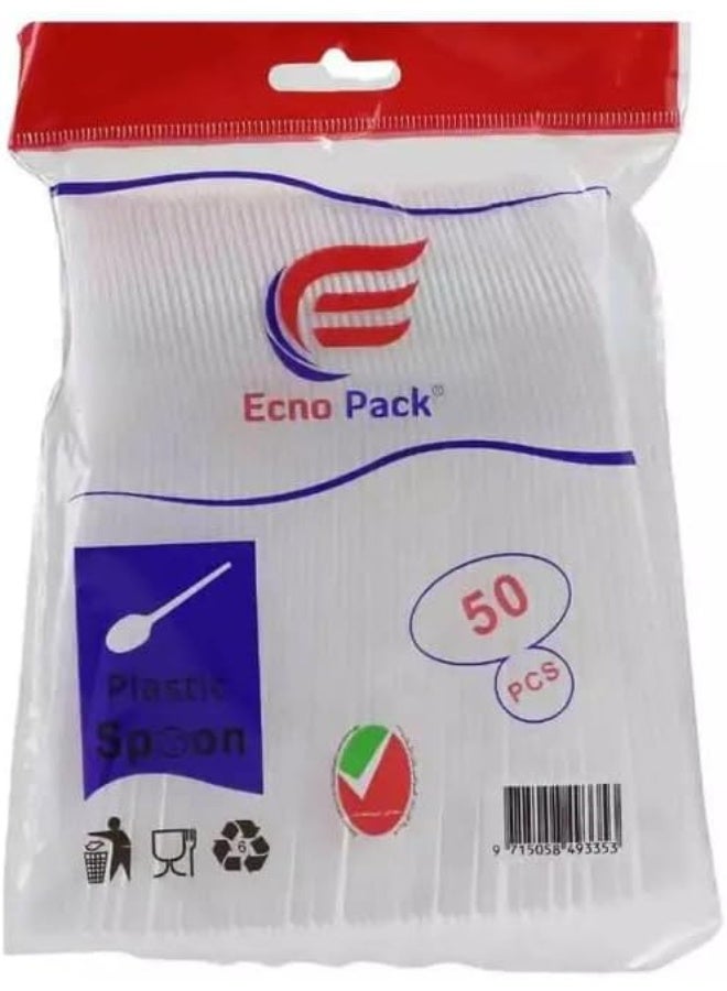 Ecno Pack Plastic Spoon, Disposable Plastic Spoon Set, White- 50pcs - Image 1
