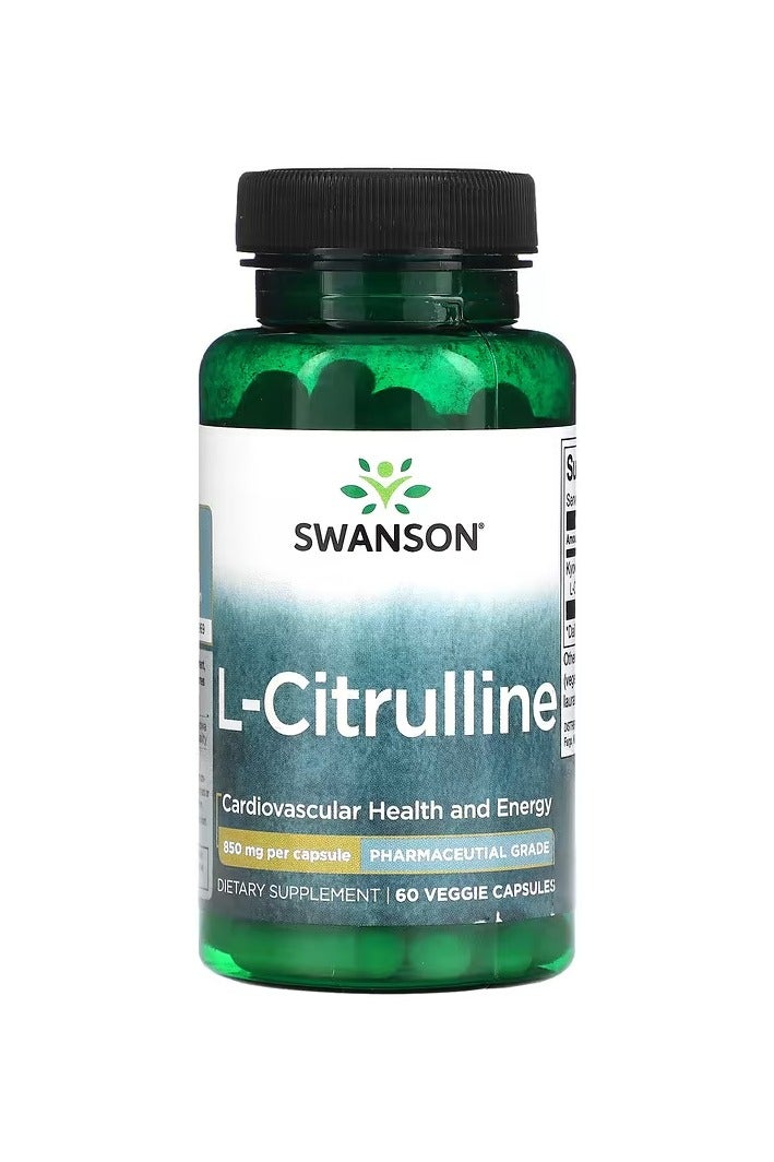 SWANSON L-سيترولين - مكمل طبيعي يعزز صحة القلب والأوعية الدموية ودعم الطاقة - يساعد في زيادة الدورة الدموية - (60 كبسولة، 850 ملغ لكل منها)