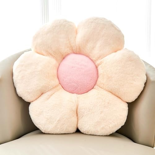 Kcvvcr Beige Flower Pillow, Cute Decorative Flower Shaped Throw Pillow with Faux Rabbit Fur, 14.9" Soft Flower Plush Throw Pillow Floor Pillows Room Décor for Bedroom Living Room - Image 1