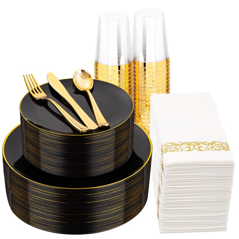 Supernal 350pcs Black  Gold Plastic Dinnerware Set Elegant Black Plates with Golden Edges Gold Plastic Silverware Durable Tableware Perfect for Birthdays Parties Wedding Celebration