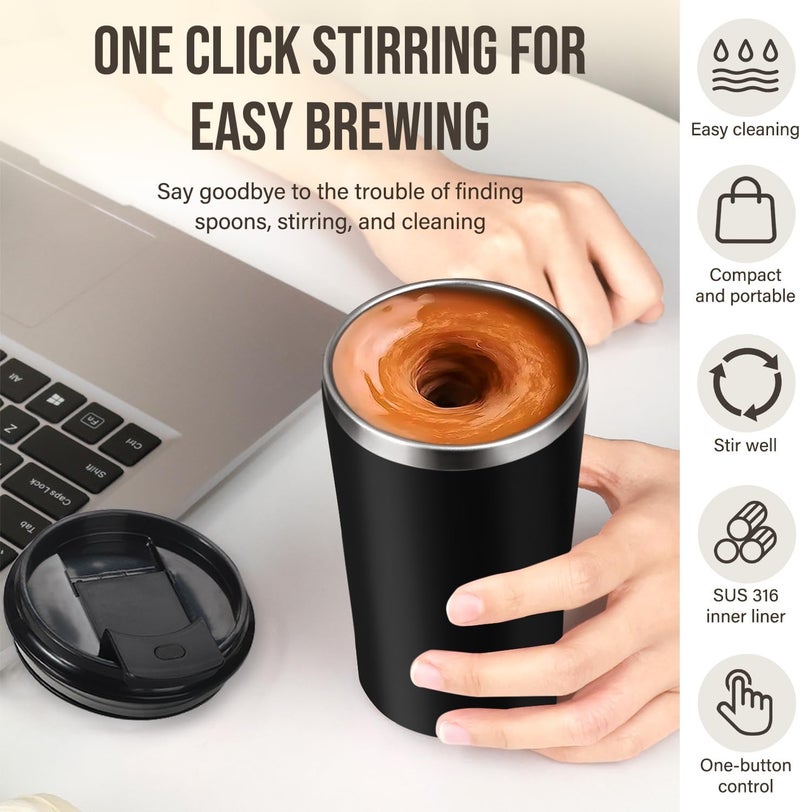 Hatisan Self Stirring Coffee Mug With Lid Electric High Speed Self Stirring Mug 400ml Rechargeable Detachable Stainless Steel Self Stirring Cup for Coffee, Milk, Cocoa Christmas Gift(Black) - Image 2