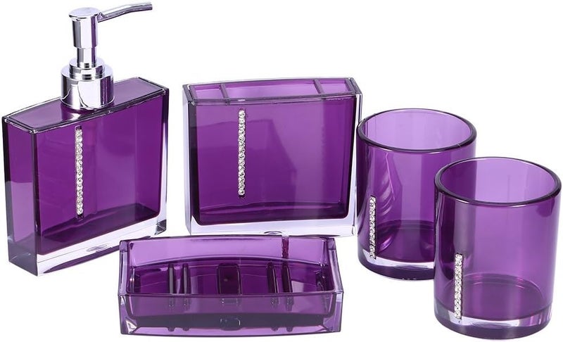 klarako 5 Pcs Bathroom Accessories Set Luxury Bath Vanity Set with Toothbrush Holder Containe Tumble Soap Dish Liquid Soap Lotion Pump Dispenser Purple Lotion Dispenser Soap Pump Toothbrush Cup - Image 1