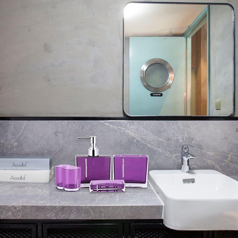 klarako 5 Pcs Bathroom Accessories Set Luxury Bath Vanity Set with Toothbrush Holder Containe Tumble Soap Dish Liquid Soap Lotion Pump Dispenser Purple Lotion Dispenser Soap Pump Toothbrush Cup - Image 3