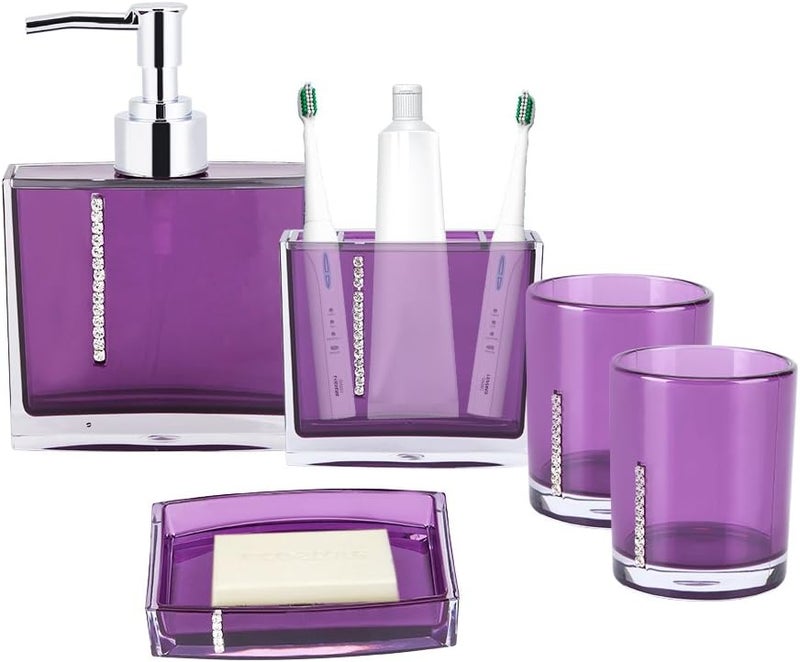 klarako 5 Pcs Bathroom Accessories Set Luxury Bath Vanity Set with Toothbrush Holder Containe Tumble Soap Dish Liquid Soap Lotion Pump Dispenser Purple Lotion Dispenser Soap Pump Toothbrush Cup - Image 5