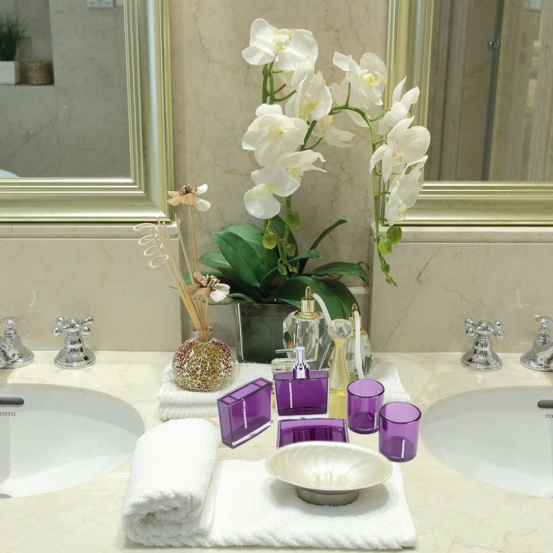 klarako 5 Pcs Bathroom Accessories Set Luxury Bath Vanity Set with Toothbrush Holder Containe Tumble Soap Dish Liquid Soap Lotion Pump Dispenser Purple Lotion Dispenser Soap Pump Toothbrush Cup - Image 2