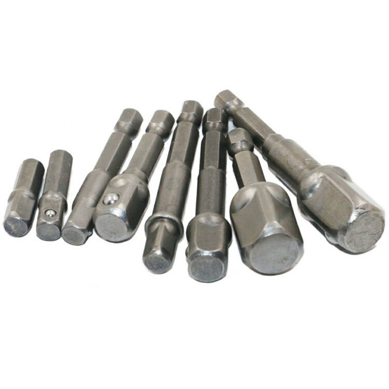 Hexagonal Shank to Square Head Socket Adapter with Bead 1/4 3/8 1/2 Air Whip Electric Socket Adapter Conversion Rod 8-Piece Steel Bead Adapters - Silver - Image 4