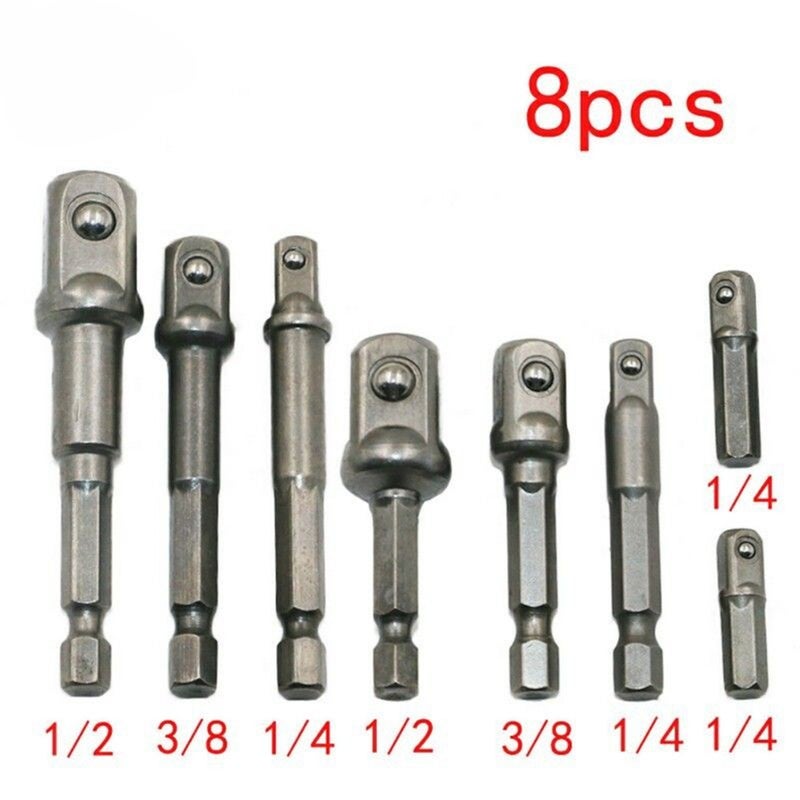 Hexagonal Shank to Square Head Socket Adapter with Bead 1/4 3/8 1/2 Air Whip Electric Socket Adapter Conversion Rod 8-Piece Steel Bead Adapters - Silver - Image 2
