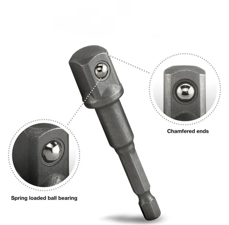 Hexagonal Shank to Square Head Socket Adapter with Bead 1/4 3/8 1/2 Air Whip Electric Socket Adapter Conversion Rod 8-Piece Steel Bead Adapters - Silver - Image 3