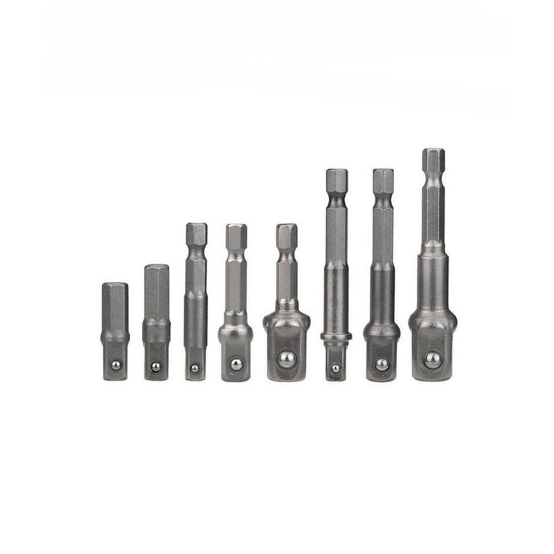 Hexagonal Shank to Square Head Socket Adapter with Bead 1/4 3/8 1/2 Air Whip Electric Socket Adapter Conversion Rod 8-Piece Steel Bead Adapters - Silver - Image 1