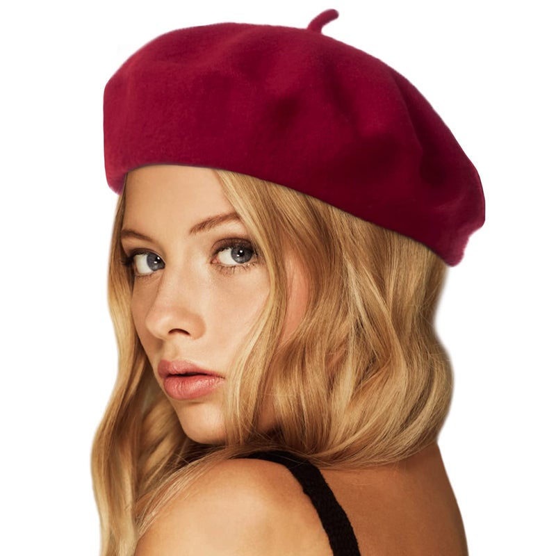 Wheebo Wool Beret Hat,Solid Color French Style Winter Warm Cap for Women Girls (Burgundy) - Image 1