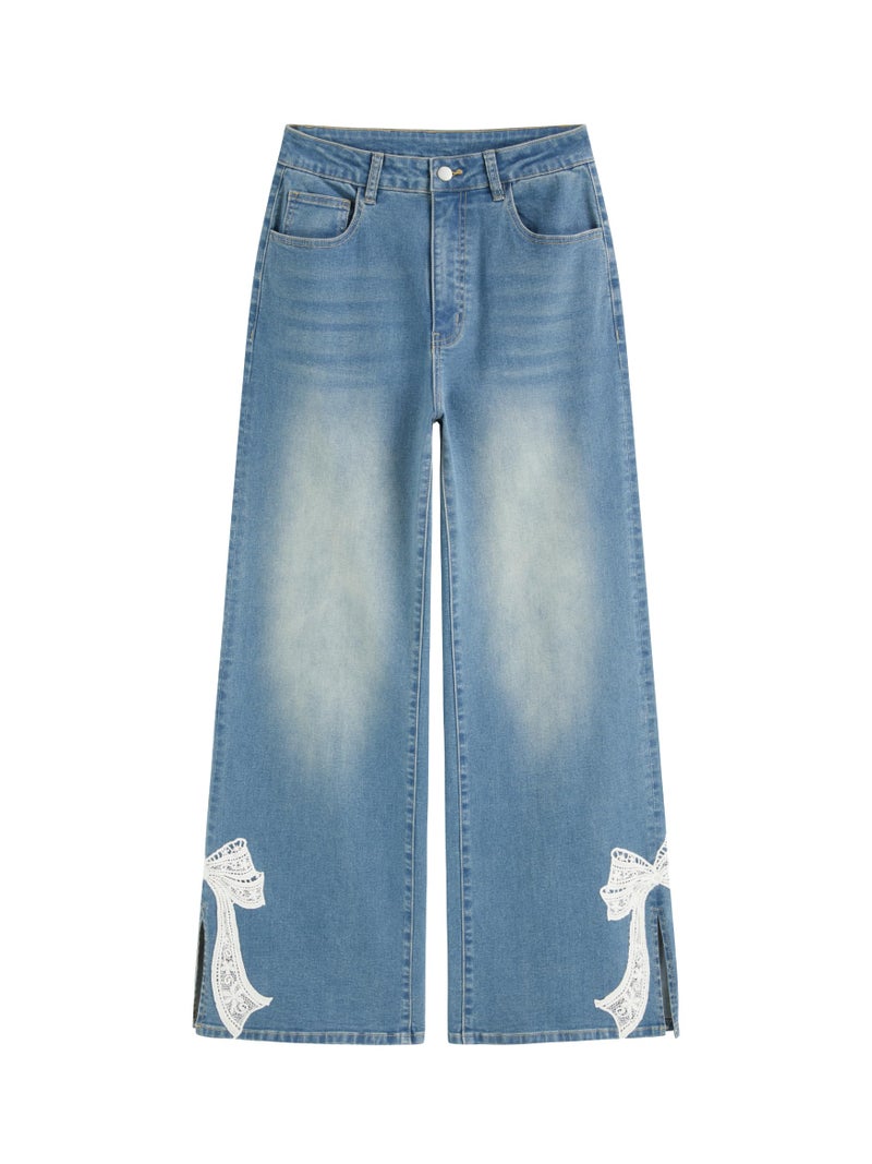 CIDER Baggy Wide Leg Jeans for Women Middle Waisted Y2k Straight Leg Bow Jeans Denim Pants with Pockets - Image 1