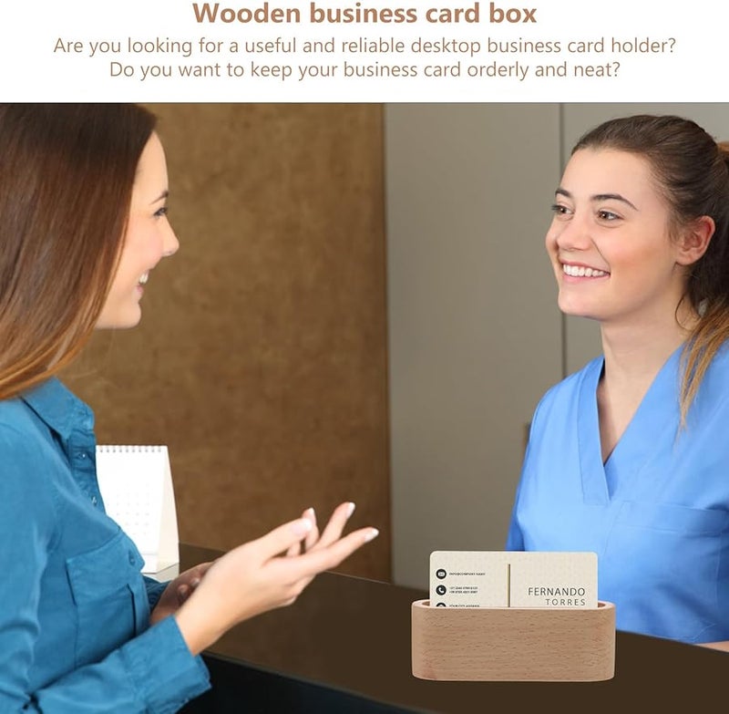 Solid Beech Wood Business Card Box with Desktop Holder Stand for Office Desk Organization - Image 5