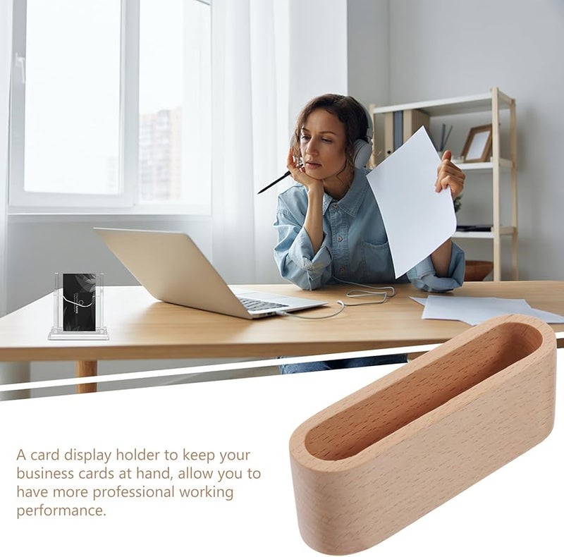 Solid Beech Wood Business Card Box with Desktop Holder Stand for Office Desk Organization - Image 4