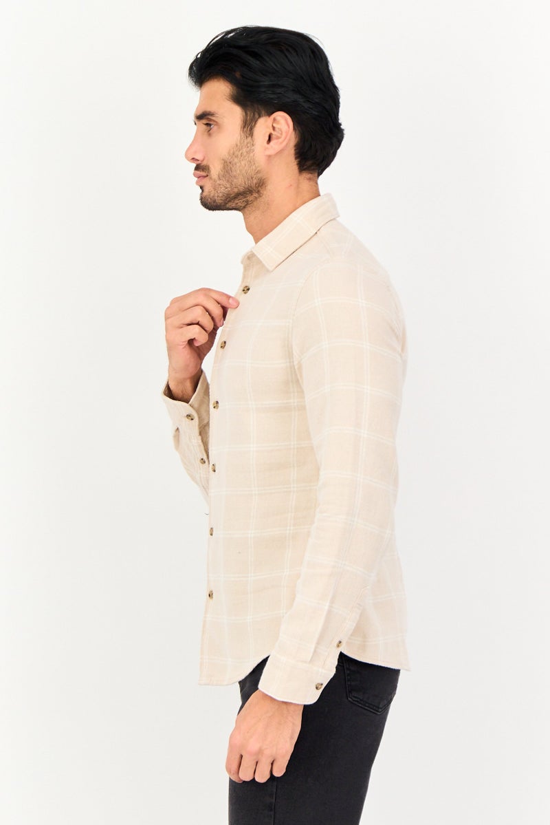 Celio Men Regular Fit Plaid Long Sleeve Causal Shirt, Beige - Image 3