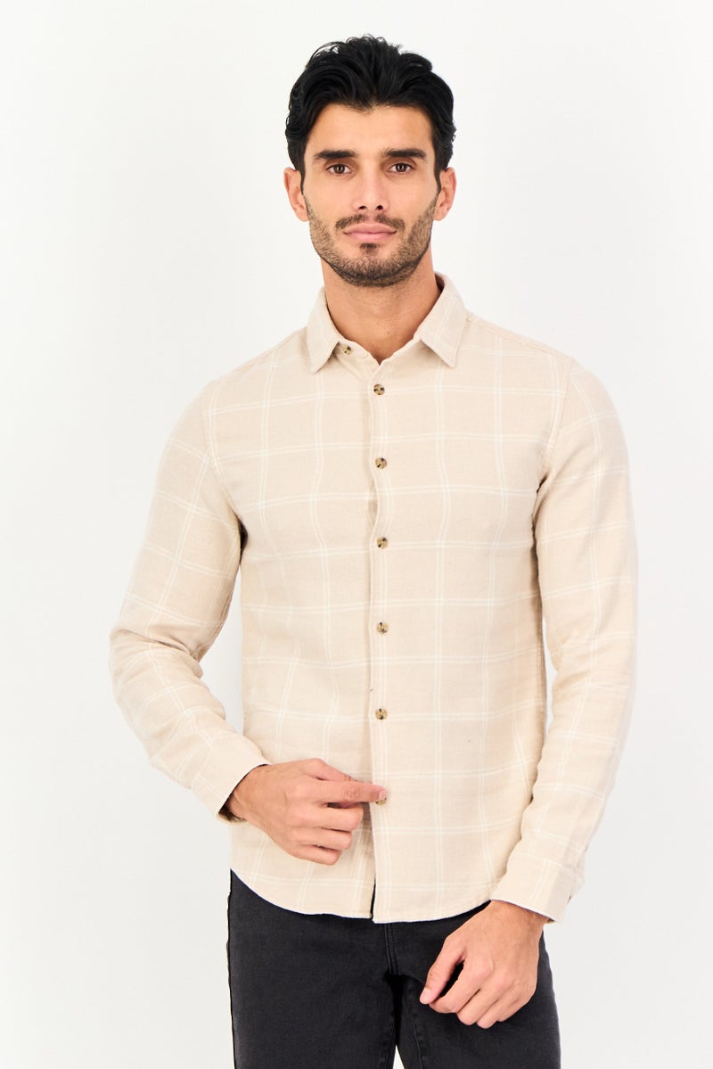 Celio Men Regular Fit Plaid Long Sleeve Causal Shirt, Beige - Image 1