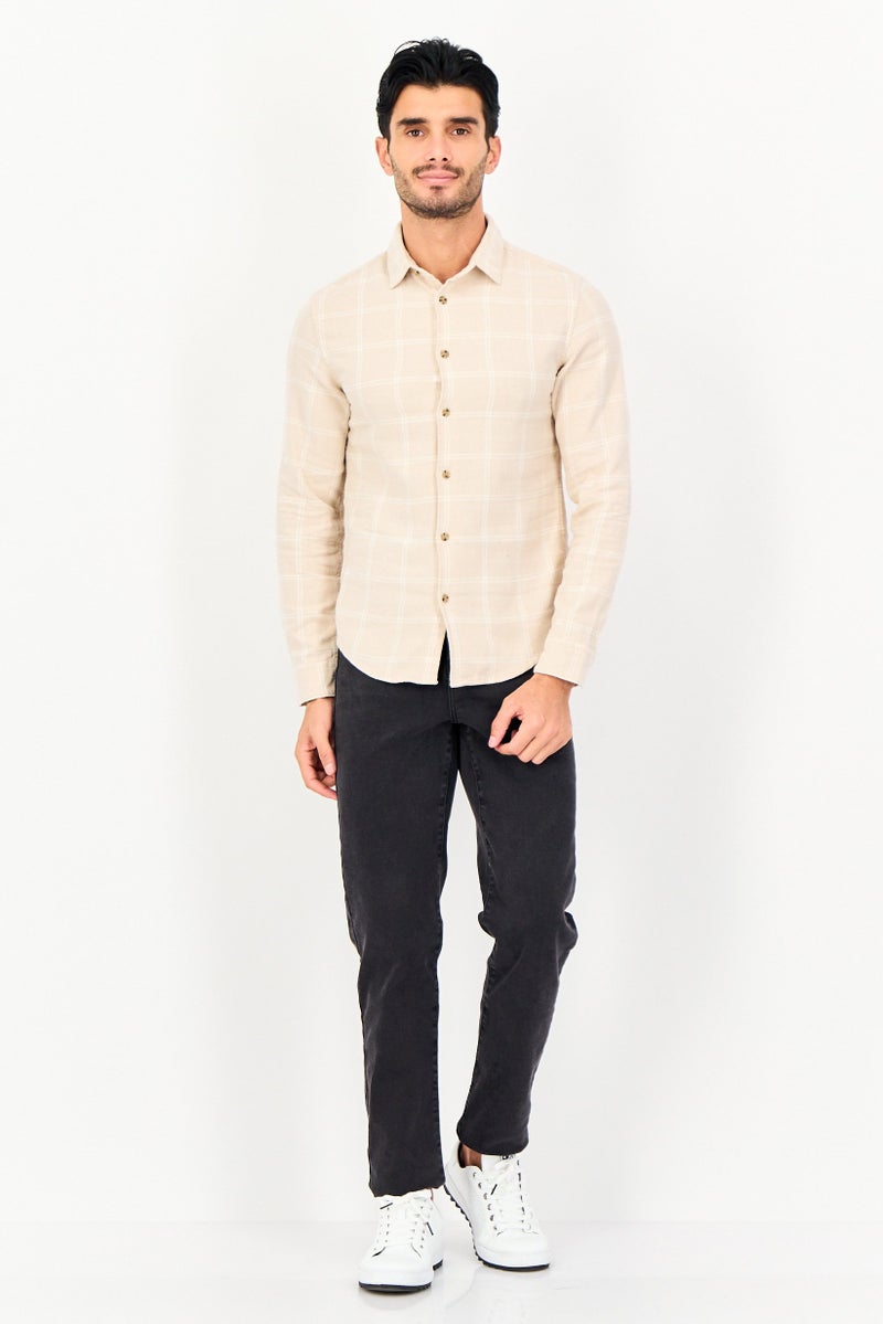 Celio Men Regular Fit Plaid Long Sleeve Causal Shirt, Beige - Image 2